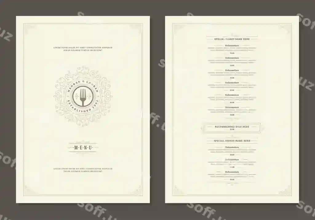 Menyu dizayni uchun shablon qop bilan restoran uchun vintage logotip vektor broshyur | Menu design template with cover restaurant vintage logo vector brochure