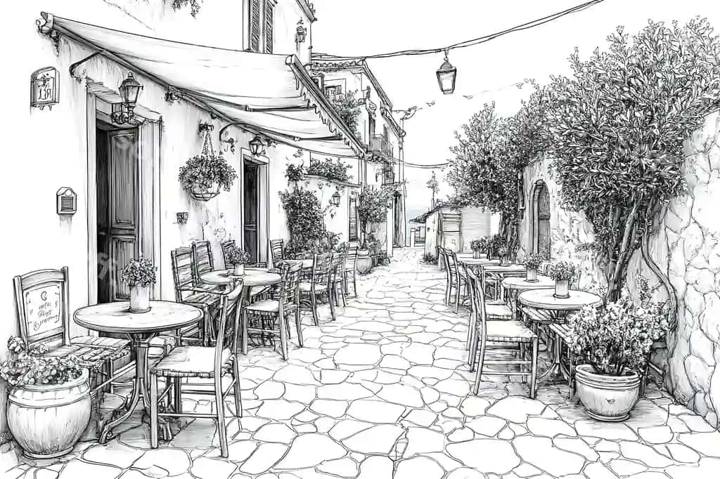 Ko'cha sahna kafe g'alablari bilan | Street scene with cafe awnings