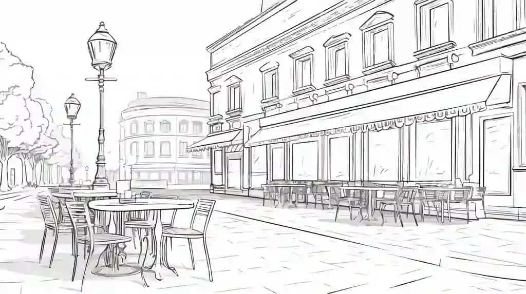 Ko'cha kafe sahnasi stollar va stulchairlar bilan | Street cafe scene with tables chairs