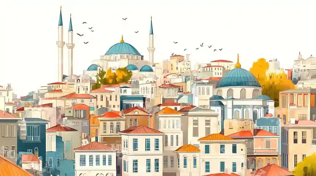 Rangli shahar manzarası o'z ichiga kiruvchi masjidlar va an'anaviy uylar | Colorful cityscape featuring mosques traditional houses