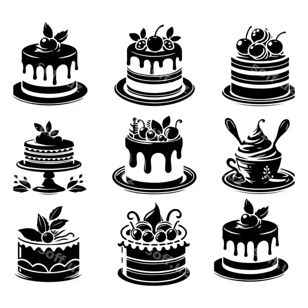 Tort desser qora siluet ikonkalar vektor komplekti stiker illustratsiyalari | Cake dessert black silhouette icons vector set stock illustrationl