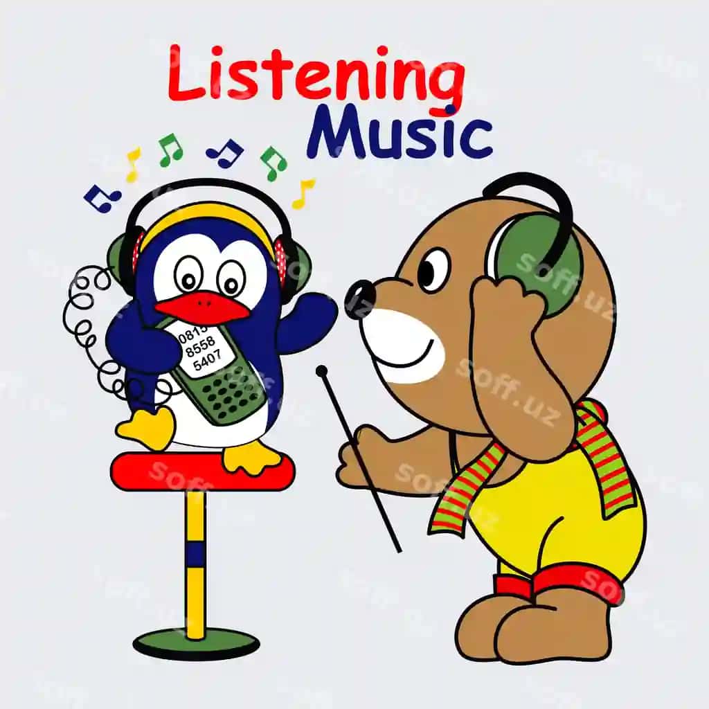 Hayvonlar tomonidan birgalikda musiqa tinglash dizayn multfil'm vektor illustratsiyasi | Listening music together by animals design cartoon vector illustration
