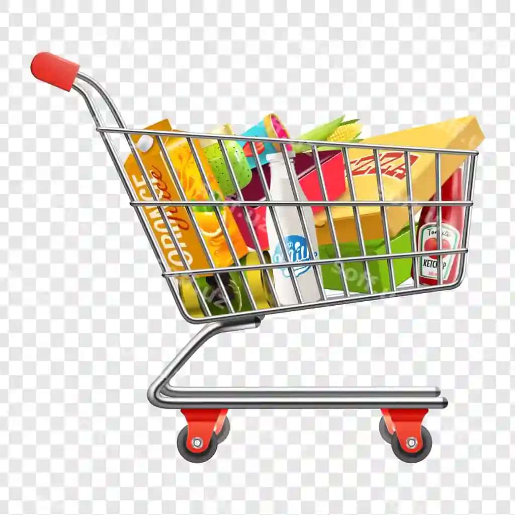 Xarid savati to'plangan ovqat mahsulotlari ajraltirilgan shaffof fonda | Shopping cart full groceries isolated transparent background