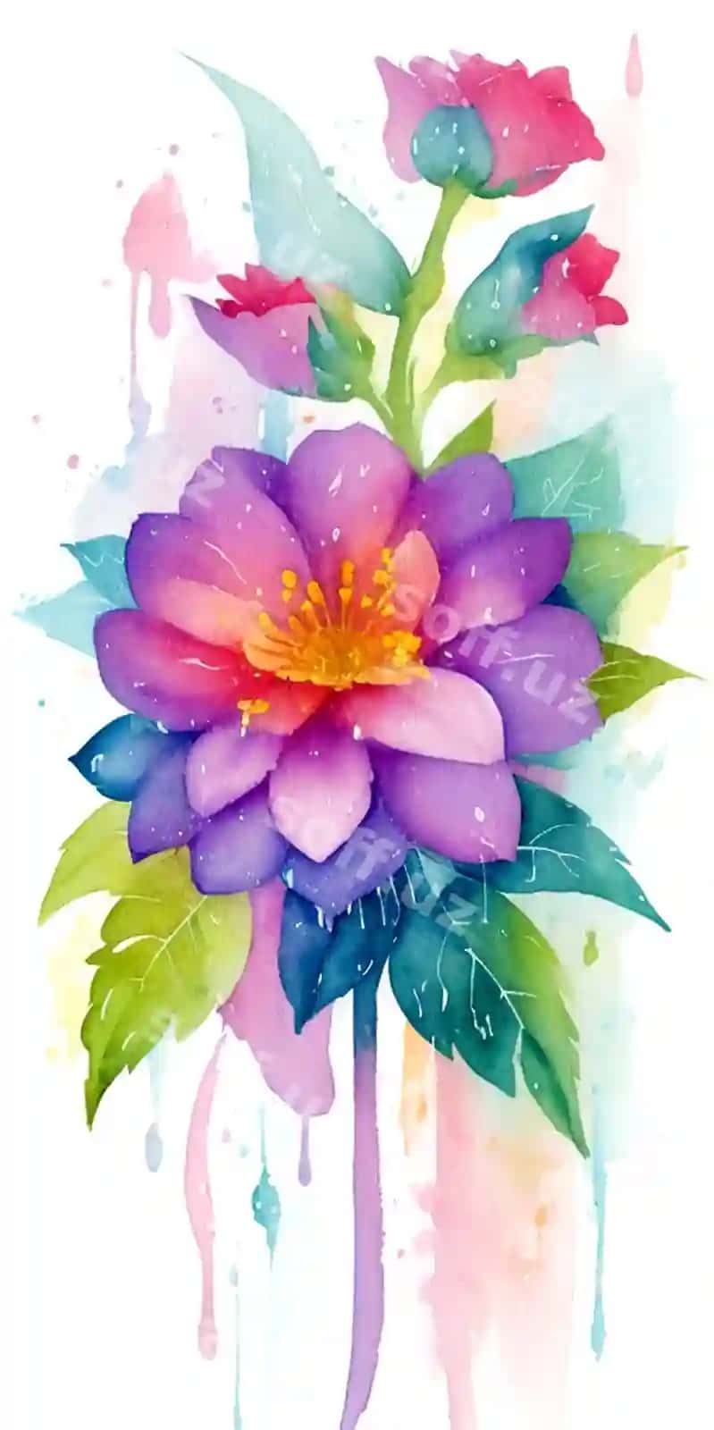 Akvaramel gul yashiringan yomg'ir shablon dizayni | Watercolor flower sneaks rain template design