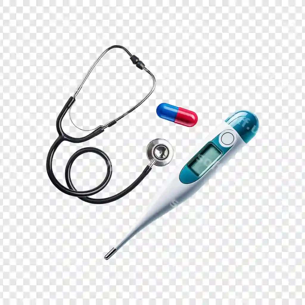 Raqamli termometr stetoskop bilan shaffof fon orqali ajratilgan | Digital thermometer with stethoscope isolated transparent background