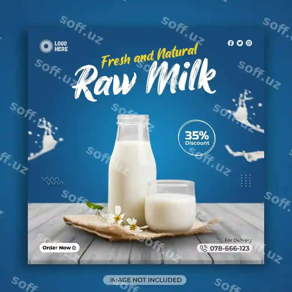 Yangi o'tkizilmas sut mahsuloti sotuvi uchun ijtimoiy tarmoqlar banneri va Instagram post dizayni | Fresh raw milk product sale social media banner instagram post design