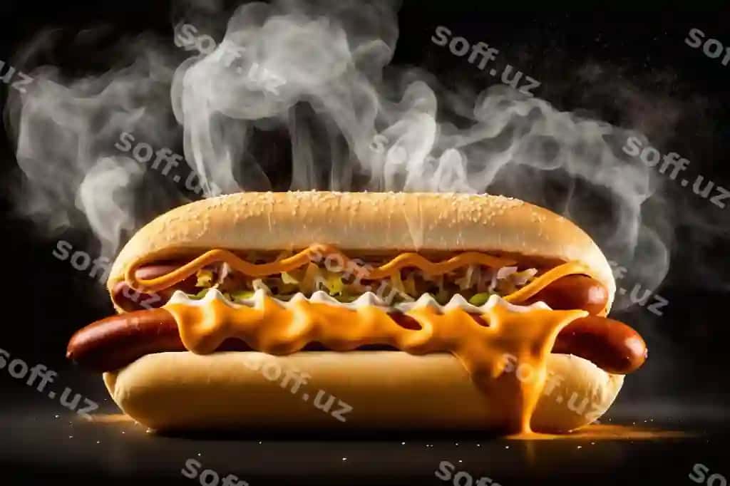 Hot-dog guruch va ketchup bilan qora stol bo'lib turadi. | Hot dog with mustard ketchup is black table
