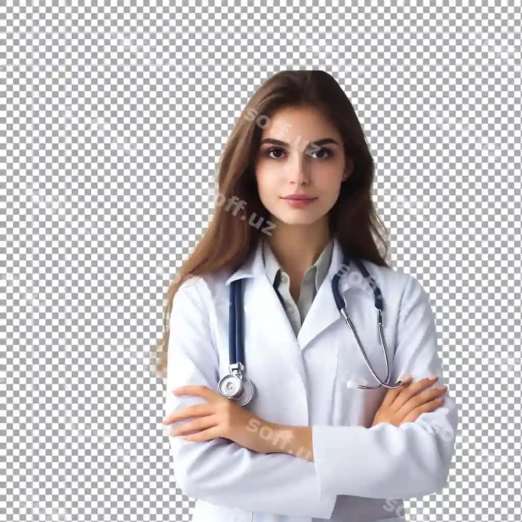Mehribon ayol shifoq stetoskop bilan shaffof orqa fonda | Friendly female doctor with stethoscope transparent background