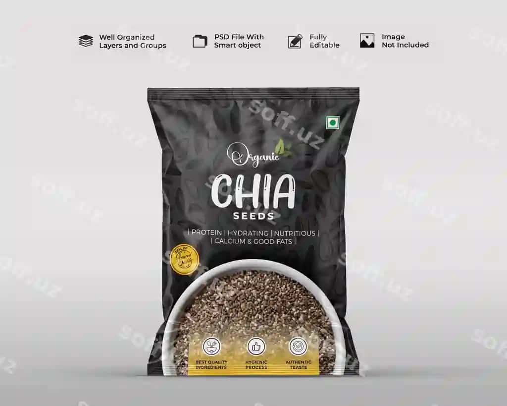 Organik chia urug'lari tikish qadoqi qadoqlash namuna dizayni | Organic chia seeds standup pouch packaging mockup design