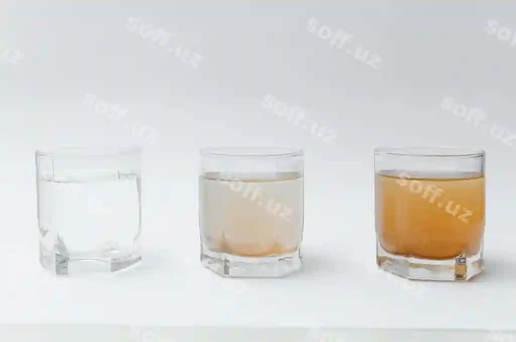 Suv filterlari konsepsiyasi uch stakan oq fon uy uchun filtratsiya tizimi | Water filters concept three glasses white background household filtration system