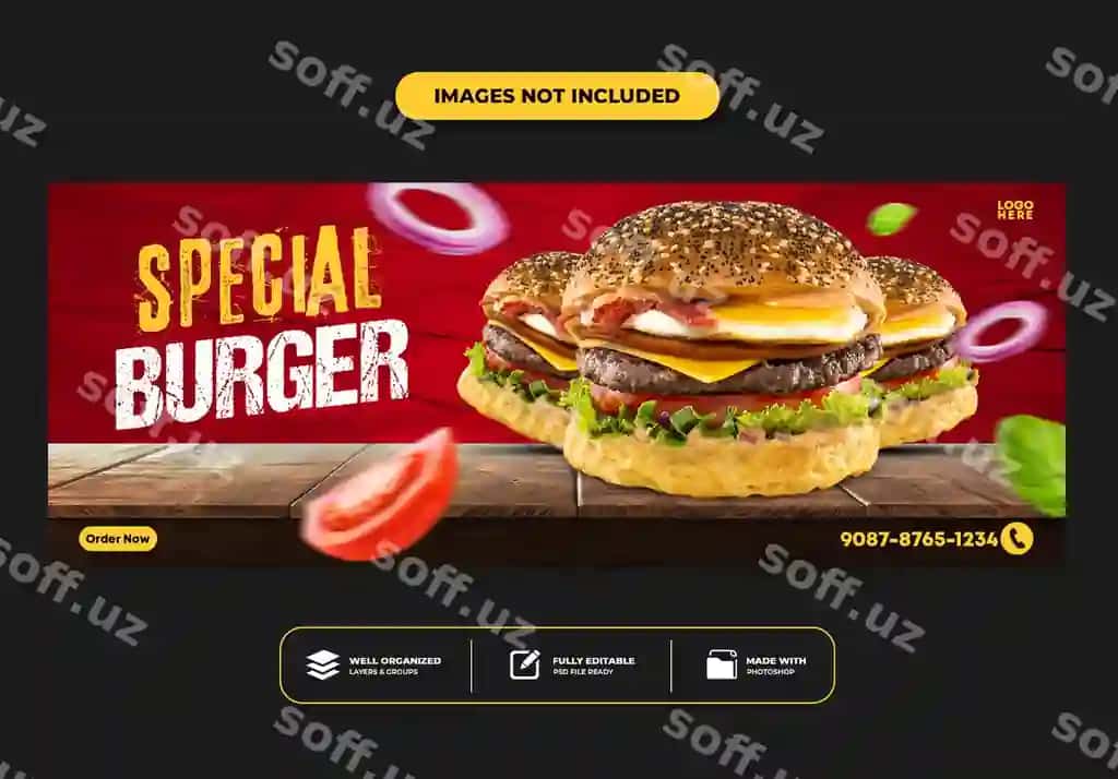 Facebook qop post banner shablon restoran tezkor ovqat menyu burger | Facebook cover post banner template restaurant fast food menu burger