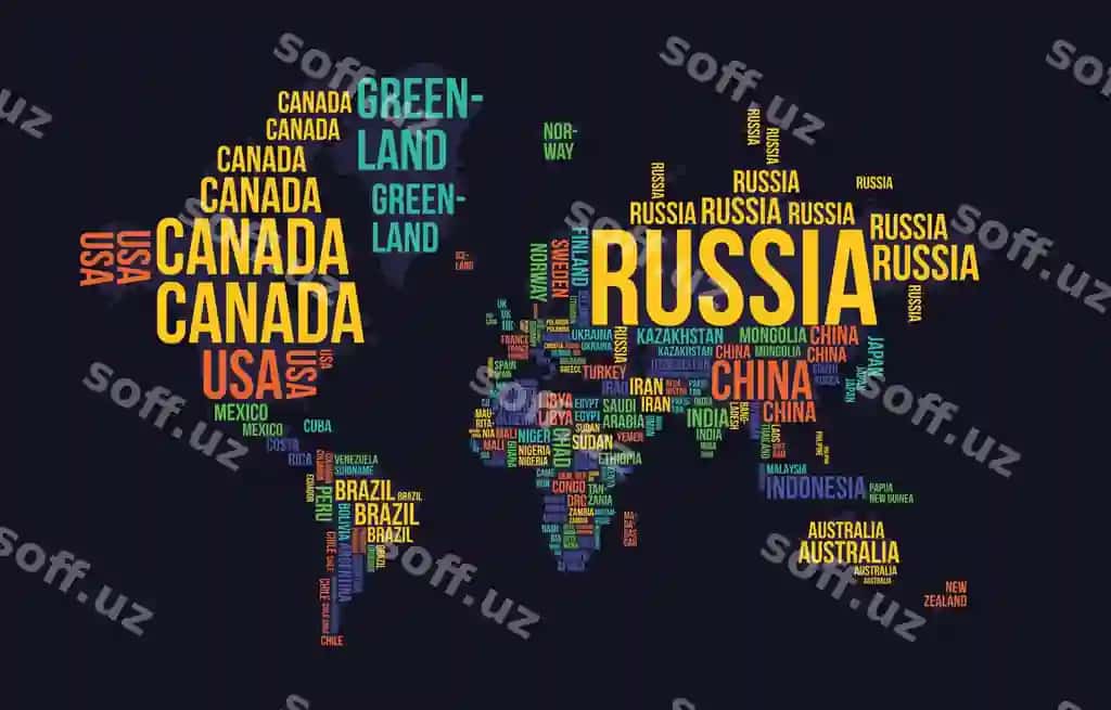 Dunyo xaritasi davlat nomlari davlat shaklida qora fonda | World map with country name as country shape black background
