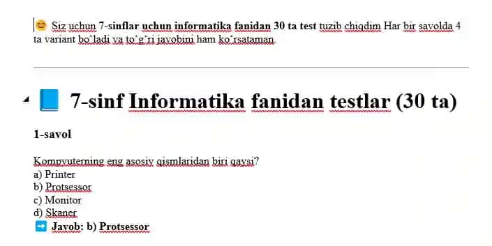 informatika 7-sinf uchun test