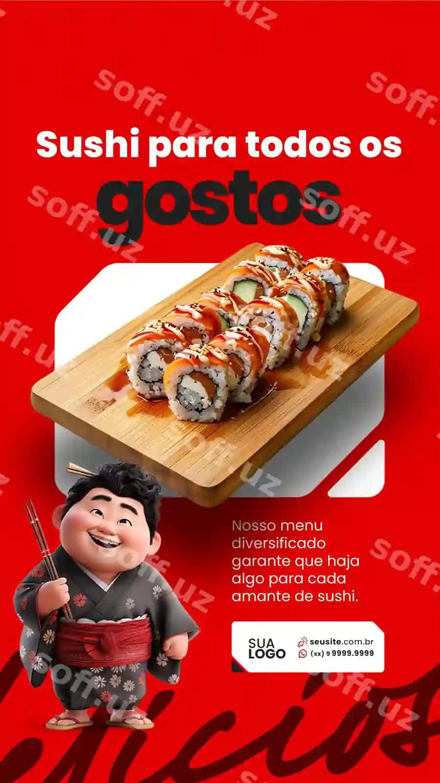 Sushi restorani uchun Sushi deb ataladigan poyezrda erkak bilan chizilgan. | Poster sushi restaurant called sushi with man it