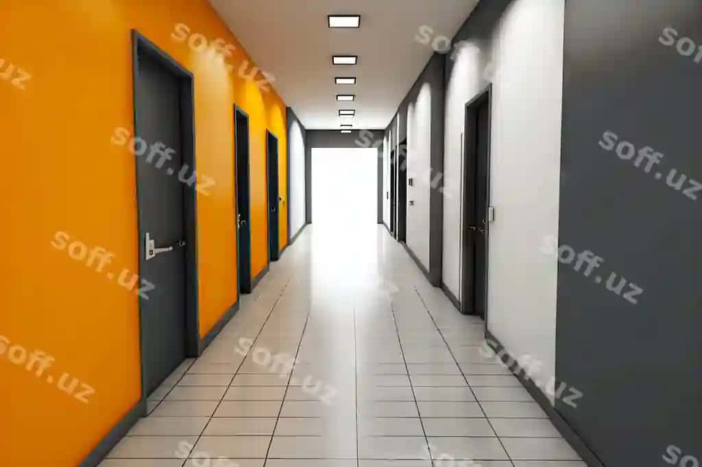 Koridor, gichlangan devorlar bilan jihozlangan shifoxona, ofislar va bo'limlarga olib boradigan eshiklar. | Corridor hospital with tiled walls doors leading offices wards
