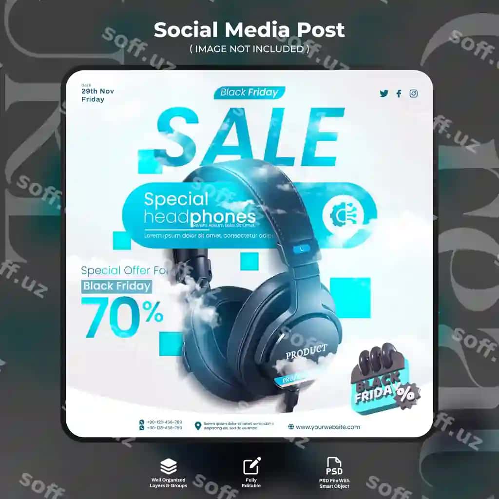 Premium quloqchin ijtimoiy media post shablon dizayni Qora Payshanba | Premium headphone social media post template design black friday