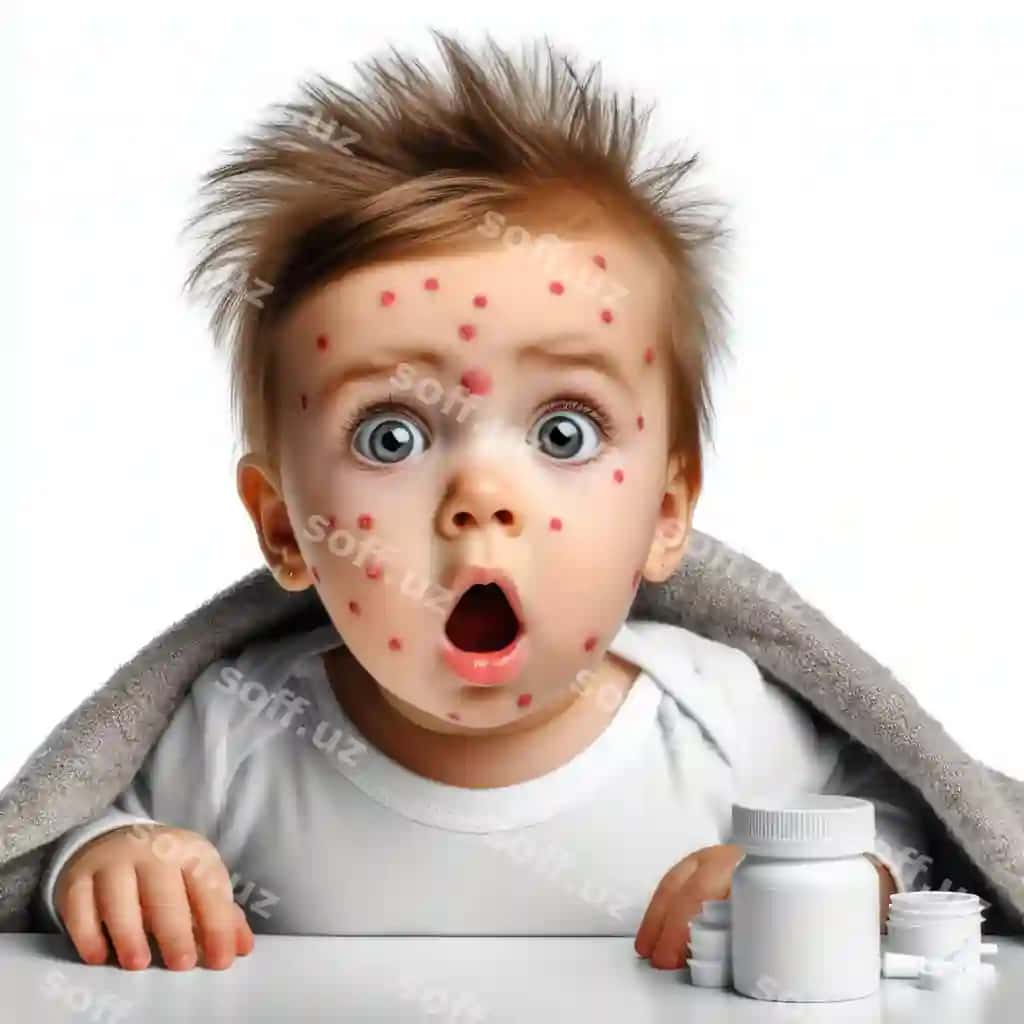 Hayratlangan kasal bolajon qurupoy bilan ajralgan oq fonda | Surprised sick baby with chickenpox isolated white background