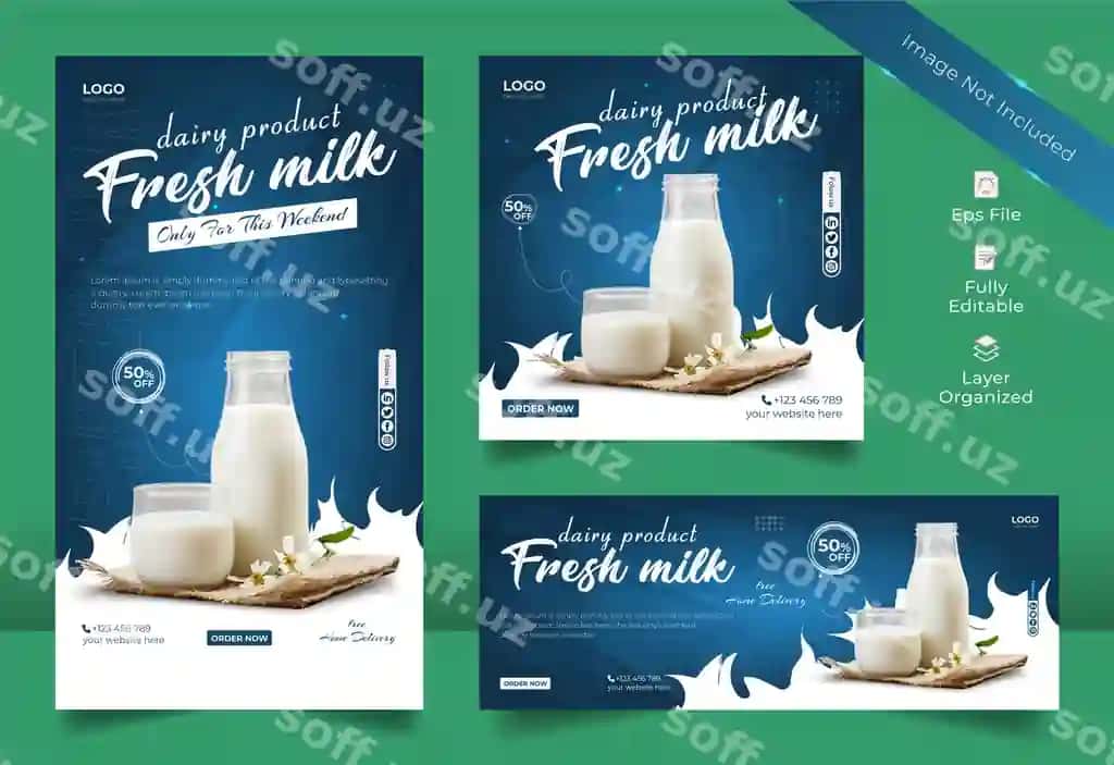 Sutxona mahsulotlari, sut ijtimoiy tarmoqlar post dizayni Instagram bilan | Dairy farm products milk social media post design with instagram