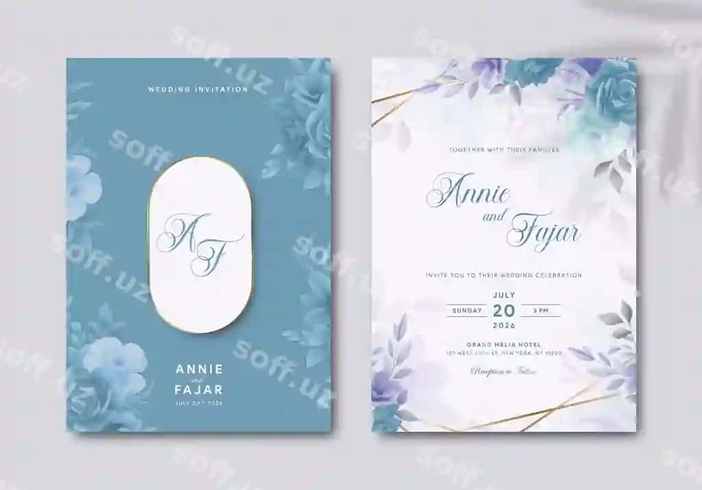 Elegant turerga taklifnoma shabloni suvarli rang rasmi bilan | Elegant wedding invitation template with watercolor illustration