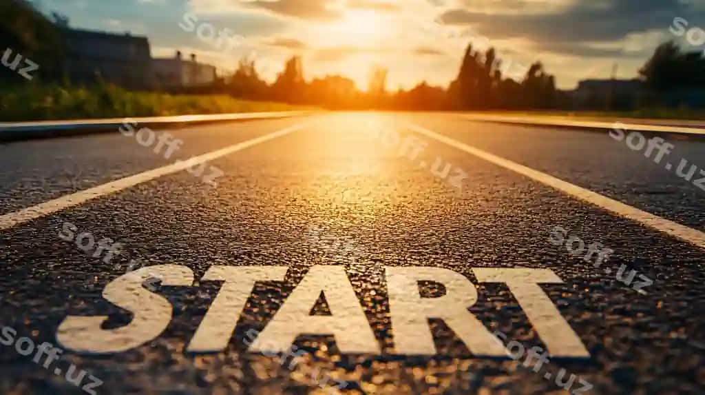 Boshlash chiziq asfaltli yo'nalish g'isha | Start line asphalt track sunset