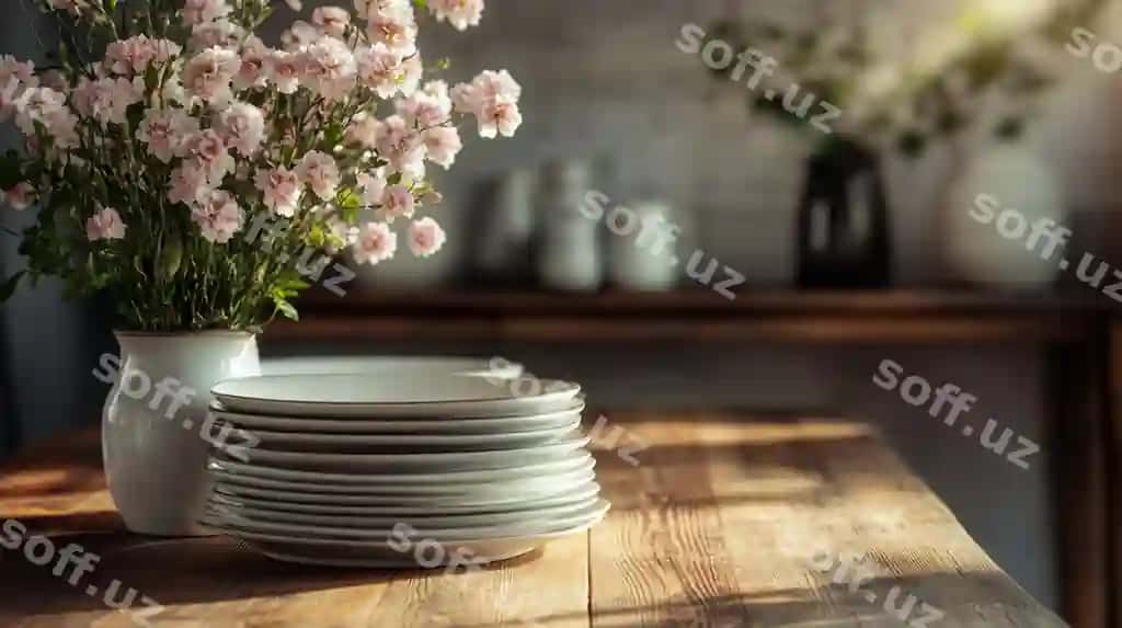 Dehqoniy yog'ochli maszin sozlamasi oq karrtalar yaxlit ko'rsatilgan | Rustic wooden table setting with white plates displayed closeup