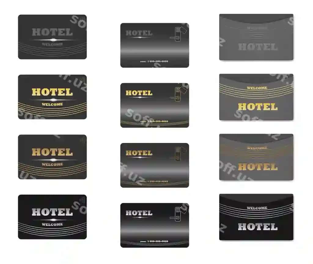 Komplekt: qora mehmonxona RFID kalit kartalari, kalit kartalarning poʻch tutuvchilari, oq fonda | Set black hotel rfid key cards keycard sleeve holders white background