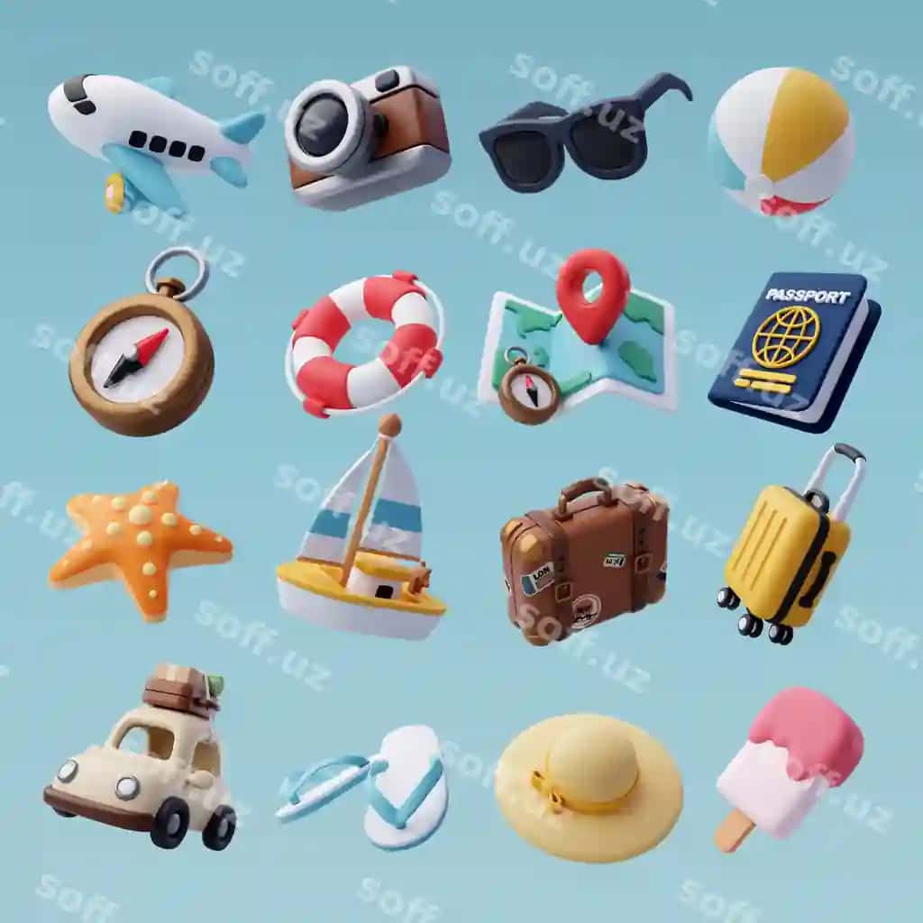 Sayohat dam olish asosiy narsalari 3D komiks uslubi | Travel vacation essentials 3d cartoon style
