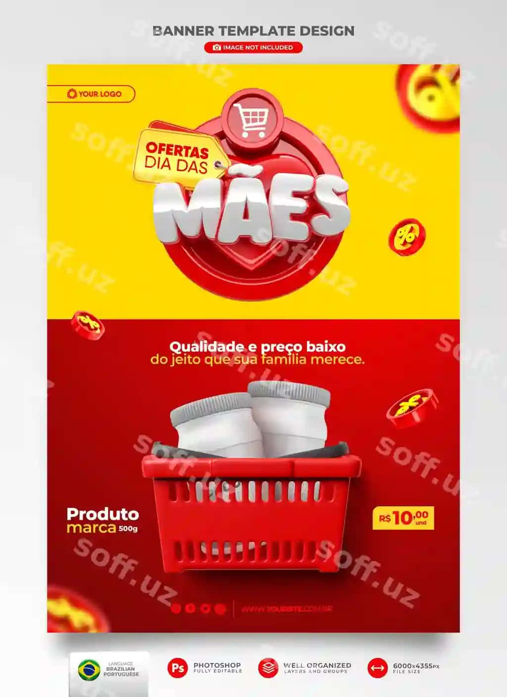 Banner Ona kun oferta Portugallik 3D render marketing kampaniyasi | Banner mother s day offer portuguese 3d render marketing campaign