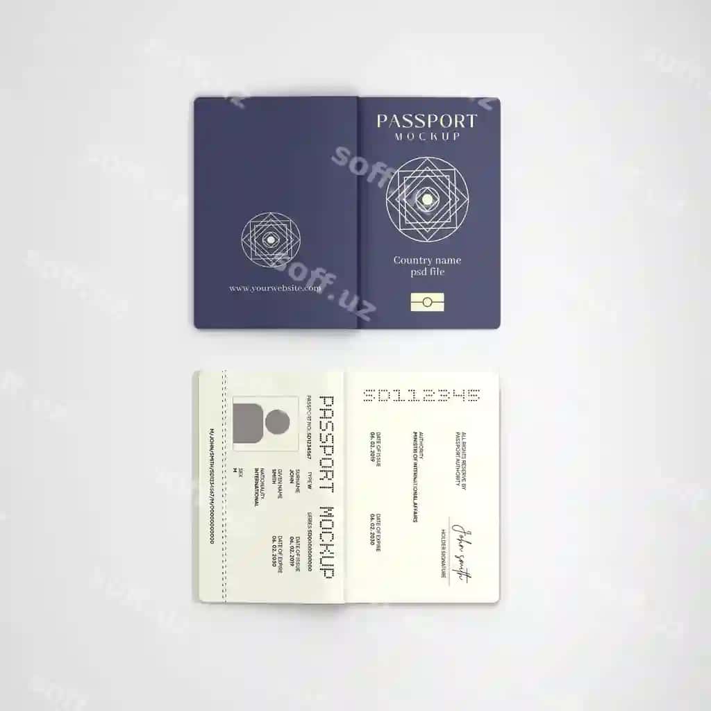 Xalqaro pasport namunasi yopiq va ochiq hujjatlari | International passport mockup closed open documents