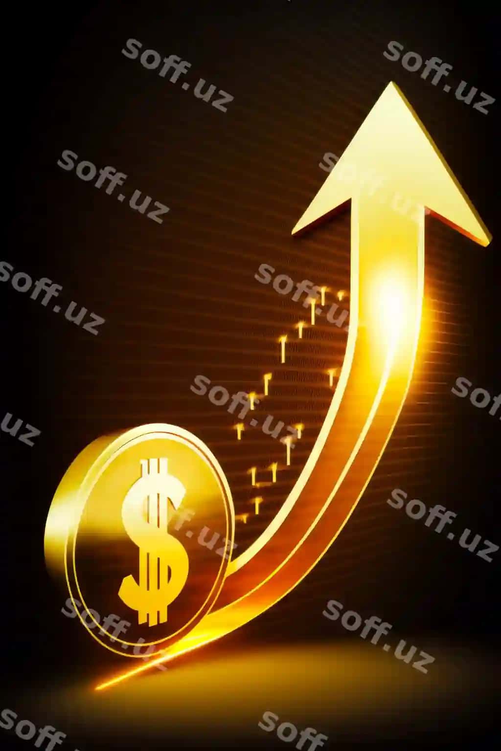 Oltin o'q yuqoriga qarab yo'naltirilgan, uning tomonida dollar belgisi, generativ sun'iy intellekt. | Golden arrow pointing upward with dollar sign it s side generative ai