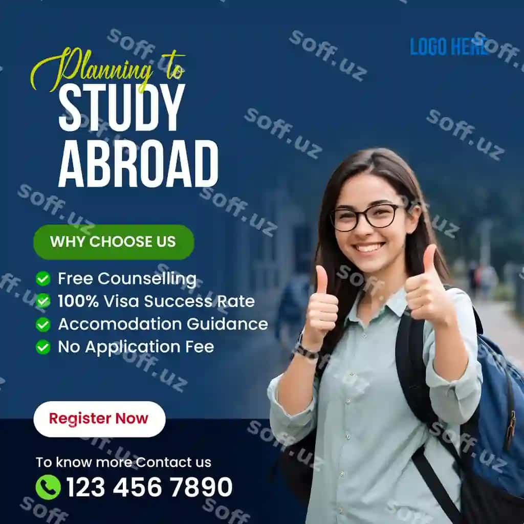 Chet ellarda o'quv maydon flyer Ijtimoiy tarmoqlarda post Reklama kreativi Instagram | Study abroad square flyer social media post ad creative instagram
