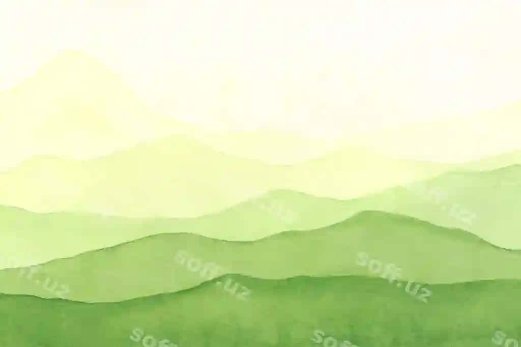 Suvarangli illustratsiya landshtan panoramic ko'rinish bilan yashil tepalar va to'g'ilmoqlar | Watercolor illustration landscape with panoramic view green hills mountains