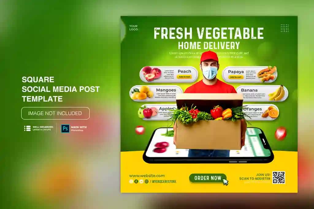 Sabzavotli mevali oziq-ovqat yetkazib berish ijtimoiy media instagram post shabloni | Vegetable fruit grocery delivery social media instagram post template