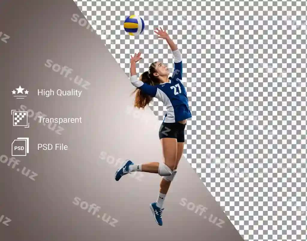 Ayol voleybolchi ko'k oq trikotaj to'pga sakrab tushdi | Female volleyball player blue white jersey jumping hit ball against