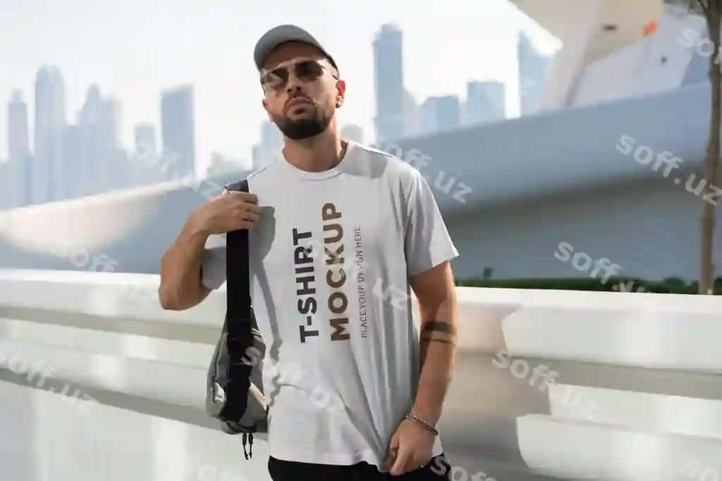 Erkak futbol kostyumidagi namuna shahar manzarasining oldida to'xtab turadi. | Man wearing tshirt mockup stands front cityscape