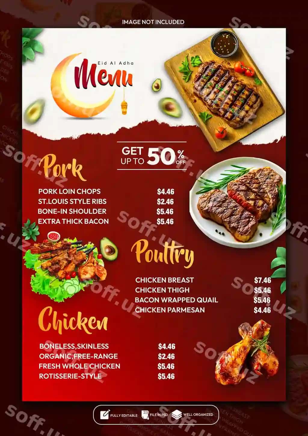 Eid al-adhon maxsus ovqatlanish menyusi poster dizayni shabloni | Eid al adha special food menu poster design template