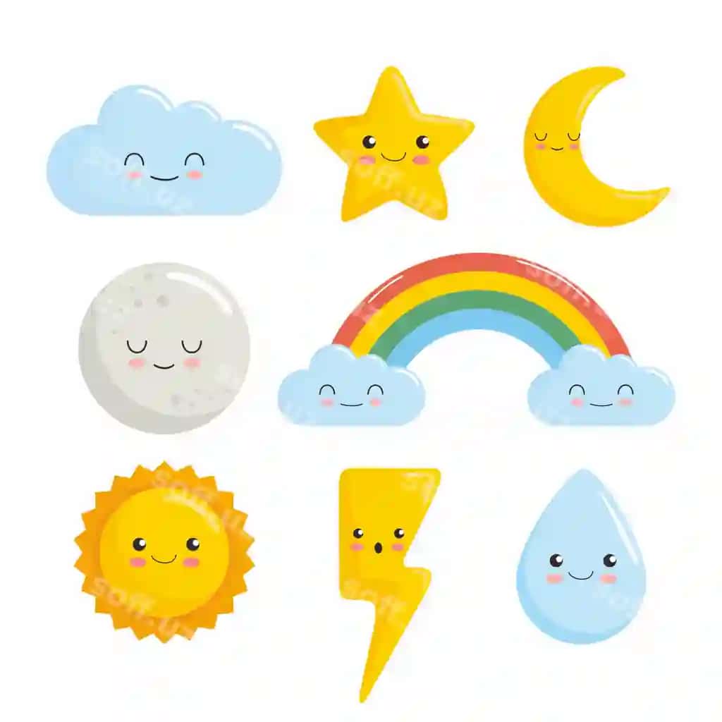 Bulut yulduz hilol quyosh binoat suvoq kawaii belgilar | Cloud star moon sun rainbow water kawaii characters
