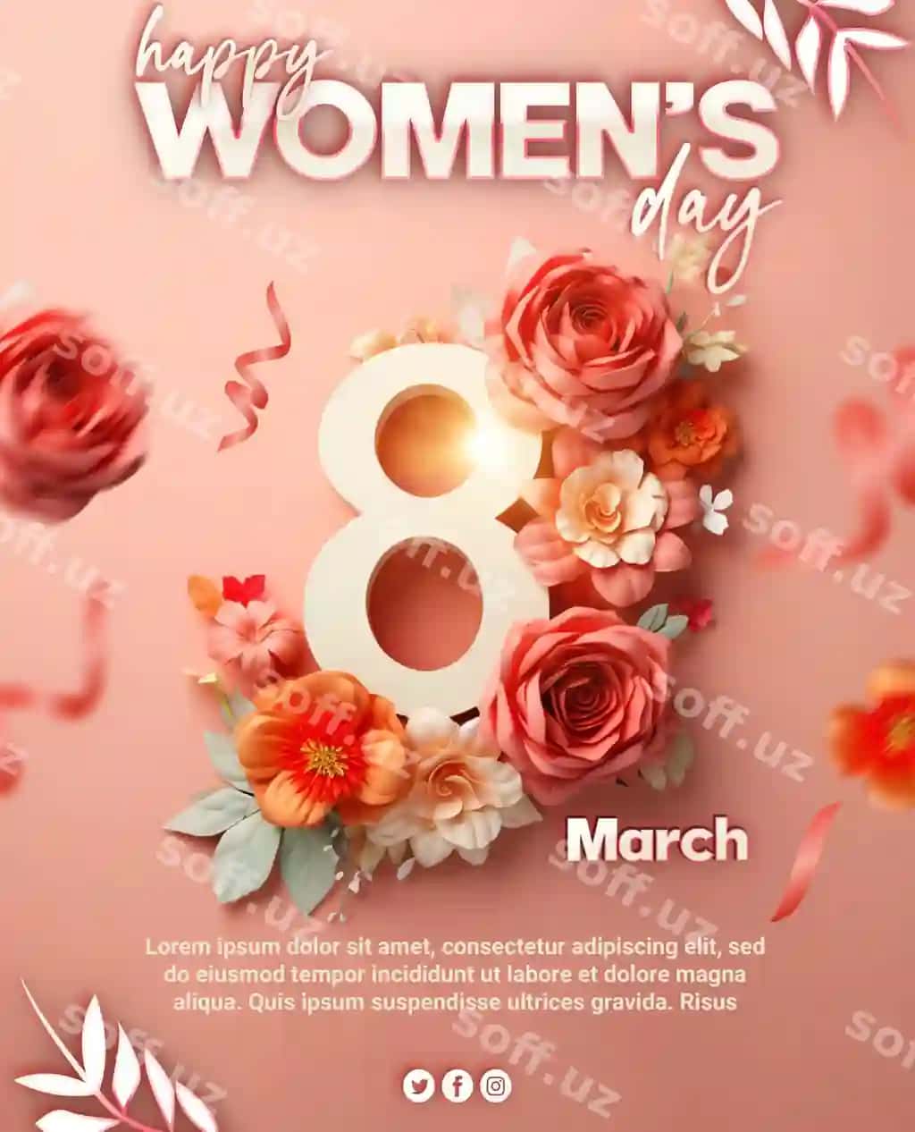 Psd 8-mart Baxtli Ayollar Kechangi tabrik kartochkasi Xalqaro Ayollar Kechasi | Psd 8 march happy women day greeting card international womens day