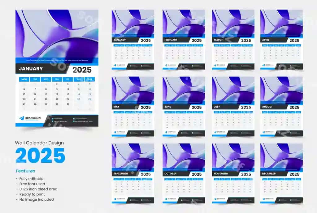 Zamonaviy A3 hajmli 2025-yillik devor taqvimi dizayni tahrir qilish mumkin vektor shablon | Modern a3 size 2025 wall calendar design editable vector template