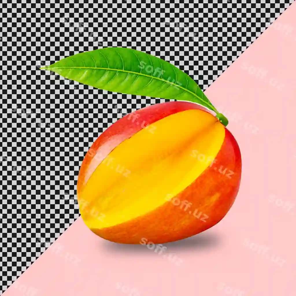 Mango yashil barg bilan pink fon o'tiradi. | Mango with green leaf it sits pink background