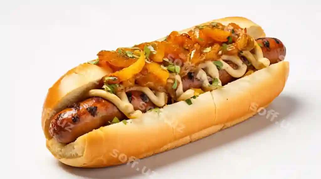 Achchiq Polsha hotdogi ajraltirilgan oq fonda | Spicy polish hotdog isolated white background