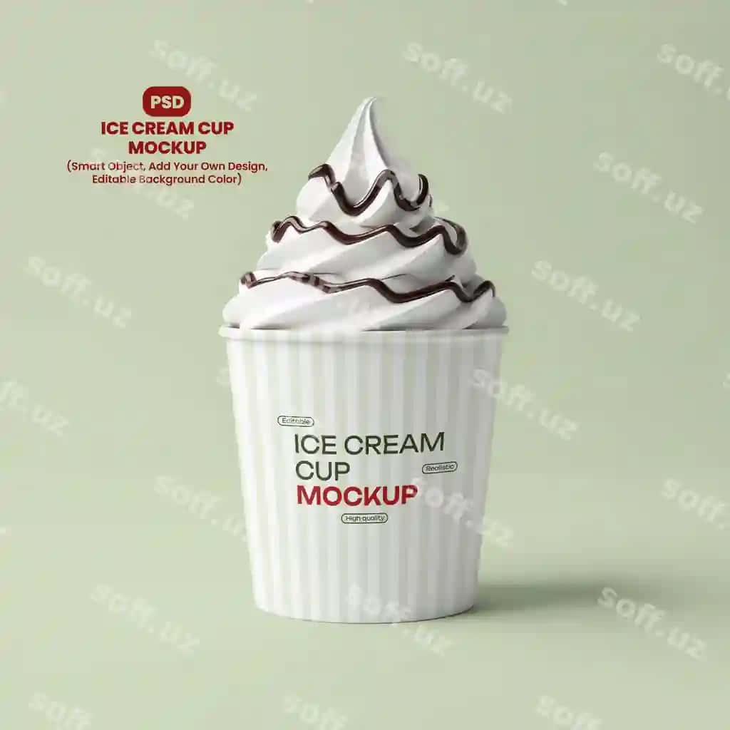 Realistik sovuq muz qovurmasi sovg'a mockup, yumshoq shirinliklar bilan ashilgan chocolata | Realistic ice cream cup mockup with soft serve chocolate drizzle