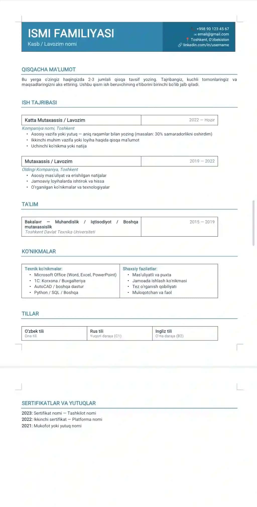 O'zbekcha Klassik CV Shablon — Professional