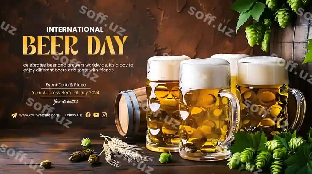 Xalqaro pivo kun plakati barrel pivo sovg'alari orqa fonda | International beer day poster with barrel beer glasses background