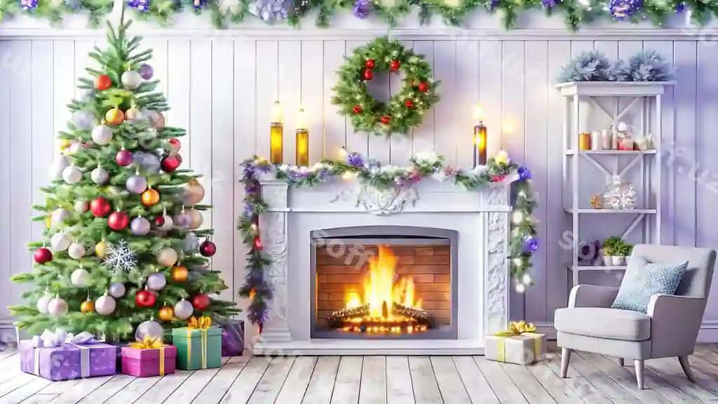 Bayramlik Noel otish xonasi bezatilgan yolka, pech va sovg'alari bilan | Festive christmas living room with decorated tree fireplace gifts
