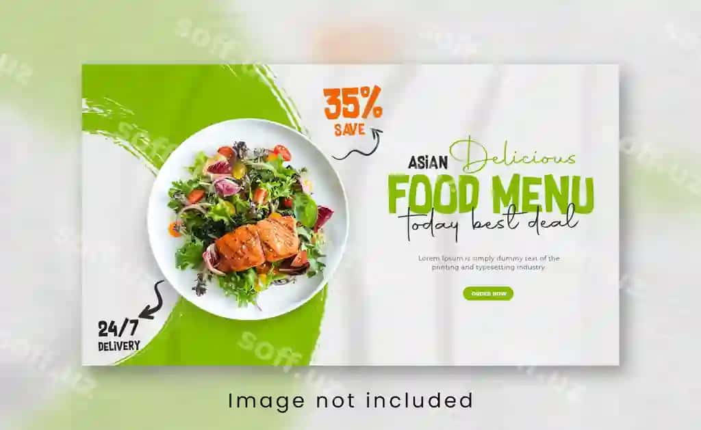 Orol doniyosi ovqatlar menyusi restoran veb baner shabloni | Asian food menu restaurant web banner template
