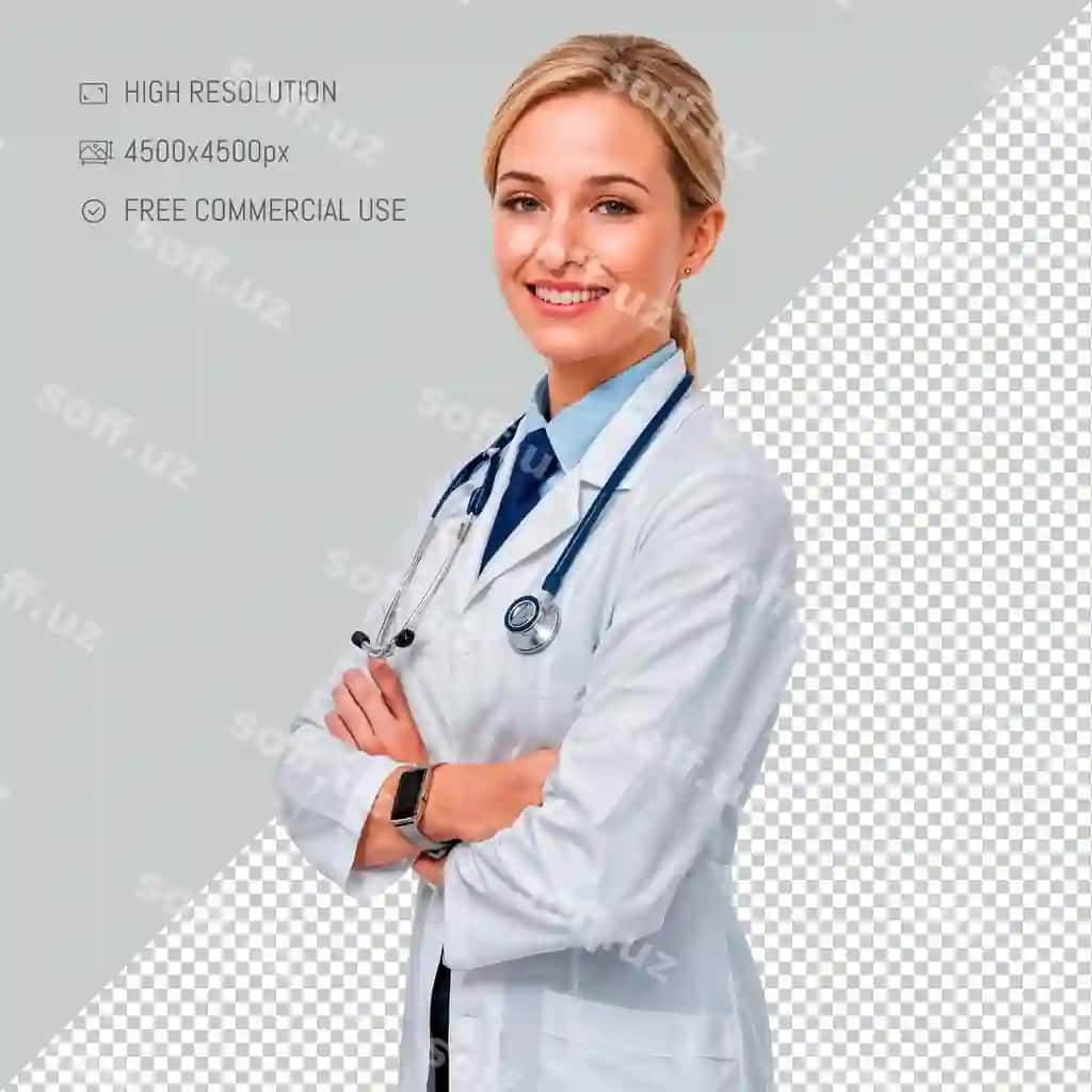 O'z ishonchiga ega ayol hamshira qo'llarini qirgan holda gulchirmoqda | Confident female doctor with crossed arms smiling