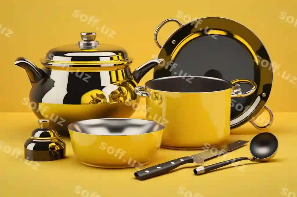Sariq oshxona asboblari komplekti neural tarmoq AI tomonidan yaratilgan | Yellow kitchen utensils set neural network ai generated