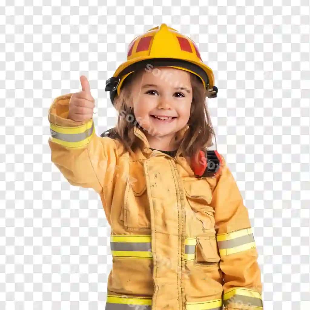 Gulchi kichik qiz yong'oqchi kostyumi kiygan tirmonda qo'l bilan | Smiling little girl wearing firefighter uniform standing with hand