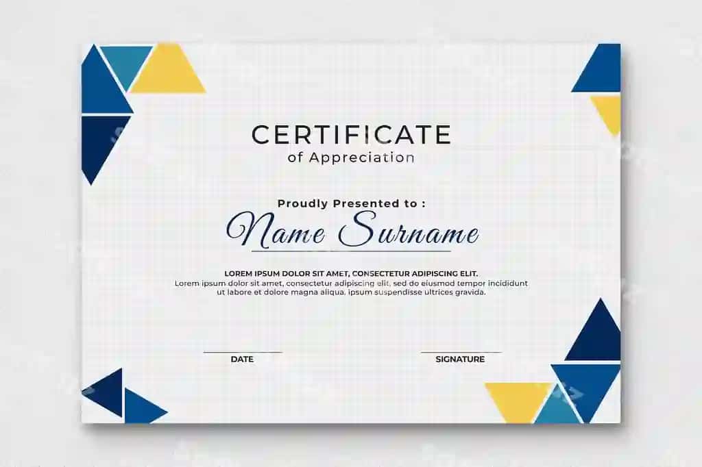Psd oddiy sertifikat minnatdoshlik uchun uchburchak dizaynli psd shabloni | Psd simple certificate appreciation with triangle design psd template